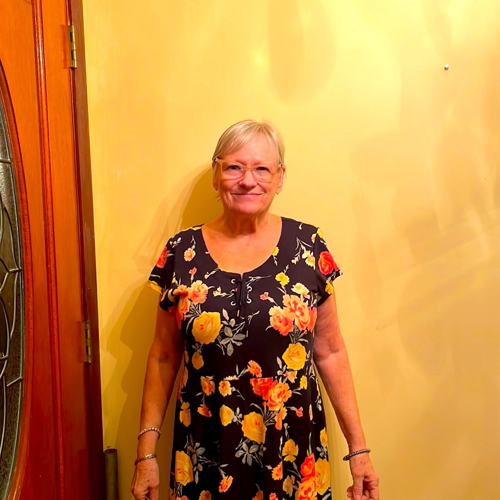 Chaps maxi dress in black with yellow and orange floral print.